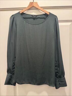 Express Slate Green Long Sleeve Button-Cuff Blouse